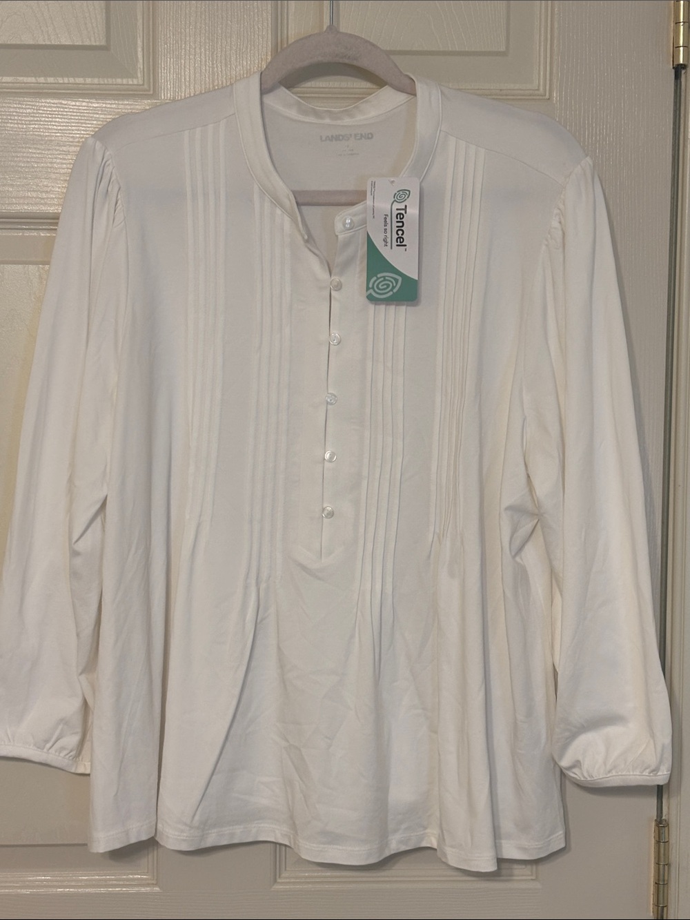 Lands' End White Tencel Pintuck Henley Blouse
